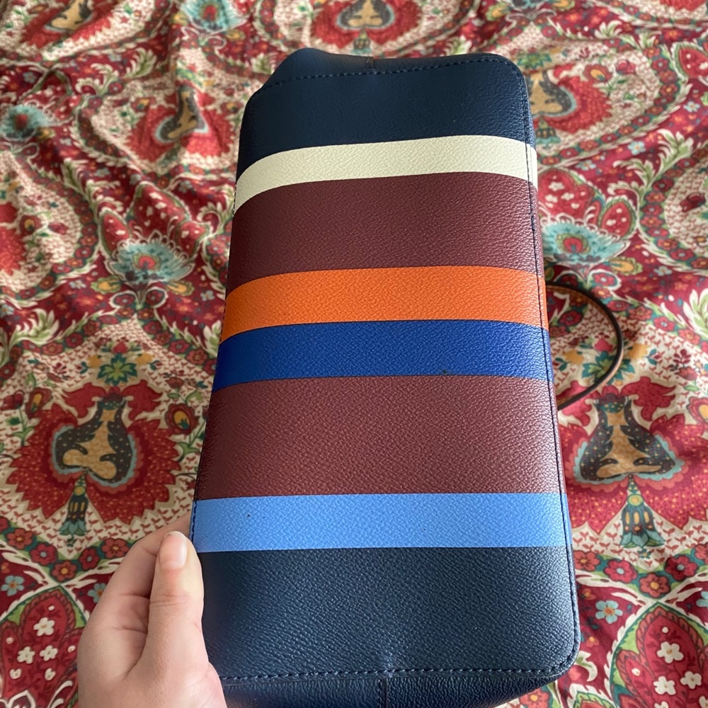 Tory Burch Navy Multi-Stripe Leather Drawstring Tote - Picture 2 of 15